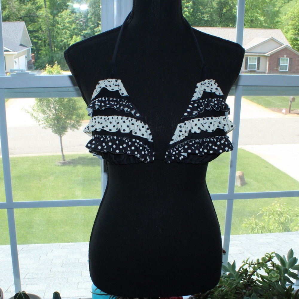 Xhilaration Black And White Polka Dotted Frilled XL String Bikini Top